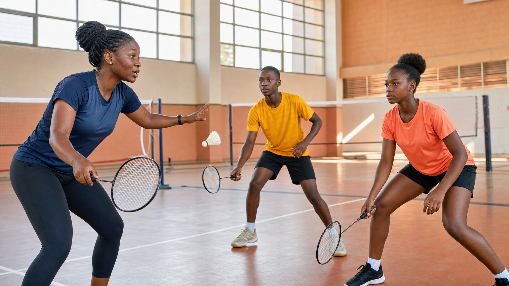 Coach Bakanambé en action sur un terrain de badminton
